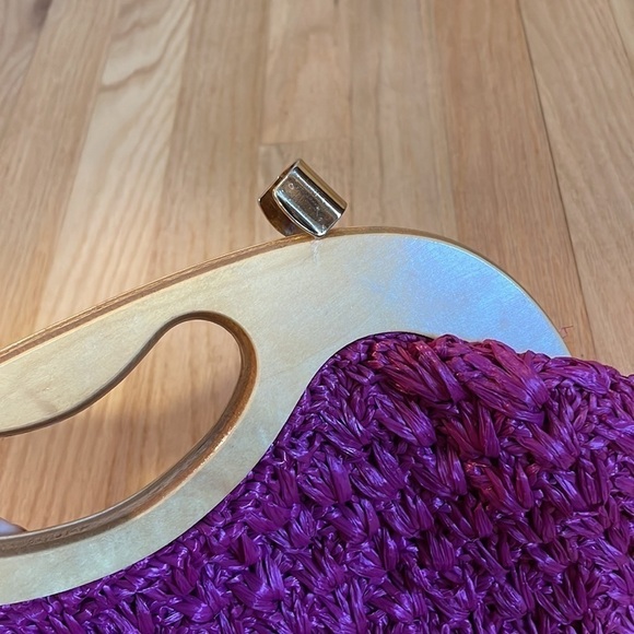 VTG Raffia Crochet Clutch Wood Handbag Japan Sears Pink Boho Retro Barbie Purse - Picture 9 of 12